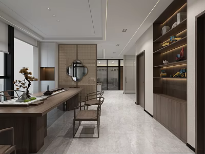 Modern Public Office Space Design With Long Wooden Desk Chairs Shelves And Decorative Items 3d model