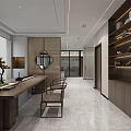 Modern Public Office Space Design With Long Wooden Desk Chairs Shelves And Decorative Items