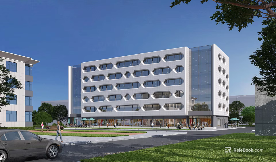 Modern White Office Building Exterior With Glass Facade Greenery And Pedestrians Surroundings 3d model 