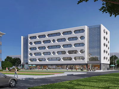 Modern White Office Building Exterior With Glass Facade Greenery And Pedestrians Surroundings 3d model