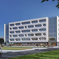 Modern White Office Building Exterior With Glass Facade Greenery And Pedestrians Surroundings