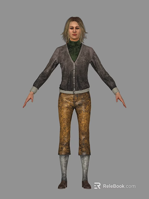 3D Model Woman in Dark Cardigan and Brown Pants With Arms Outstretched Against Gray Background 3d model 