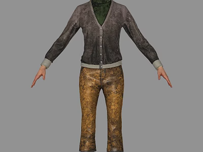 3D Model Woman in Dark Cardigan and Brown Pants With Arms Outstretched Against Gray Background 3d model