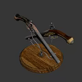Vintage Crossed Pistols Display On Wooden Base With Metal And Carved Wooden Components