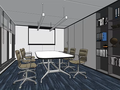Modern Conference Room With White Table Ergonomic Chairs Projection Screen And Bookshelves 3d model