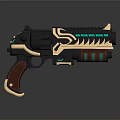 Futuristic Gun With Black Gold Design Blue Luminous Strips And Wooden Grip