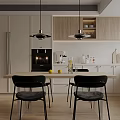 Modern Kitchen Interior Design With White Wooden Cabinets Central Dining Table Black Chairs And Appliances