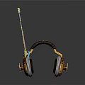 Game Movie Character Wearing Steampunk Mechanical Headphones Antenna Gold Brown Silver Glowing Blue Details