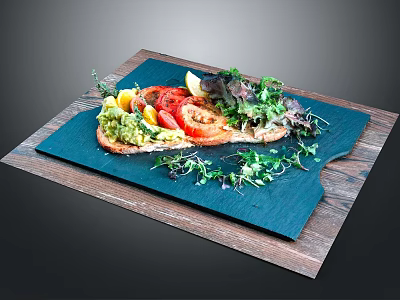 Fresh Avocado Tomato Toast With Lemon Slice Lettuce And Green Garnish On Black Slate Board 3d model
