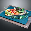 Fresh Avocado Tomato Toast With Lemon Slice Lettuce And Green Garnish On Black Slate Board