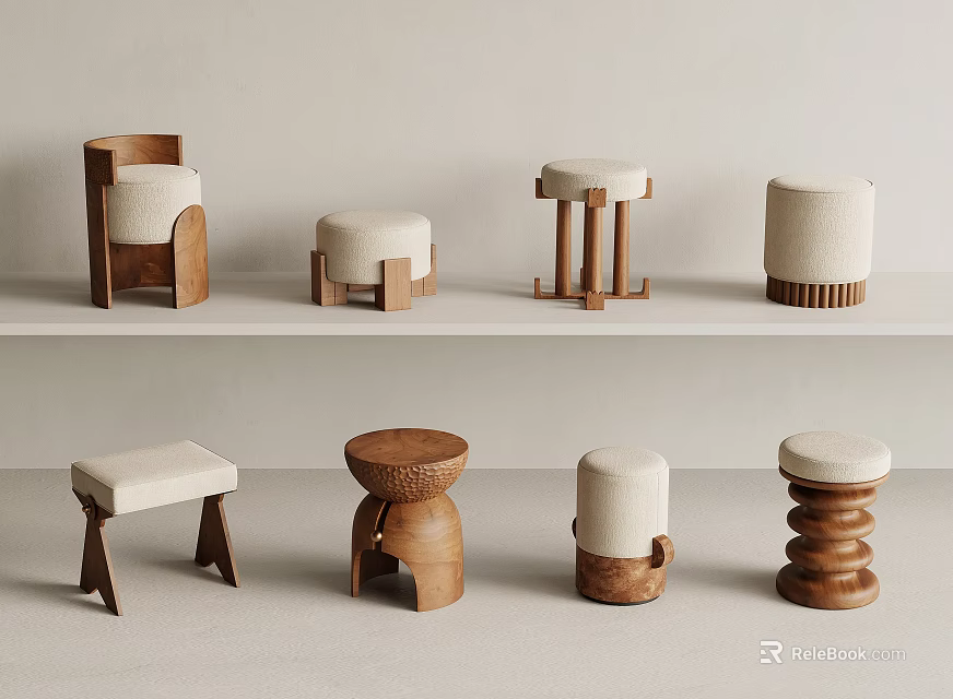 Various Modern Wooden Stools With Upholstered Seats And Diverse Designs On 3d model 