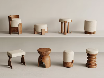 Various Modern Wooden Stools With Upholstered Seats And Diverse Designs On 3d model