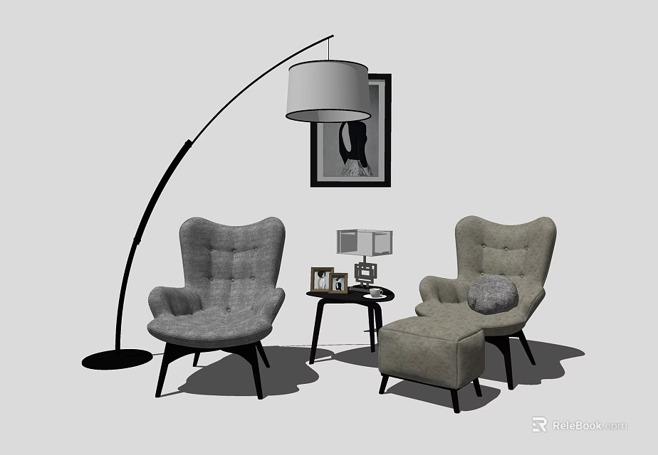 Comfortable Gray Casual Sofa Set With Chairs Ottoman Small Round Table And Floor Lamp 3d model