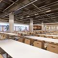 Spacious Cafeteria Interior with White Tables and Brown Chairs Neatly Arranged in Bright Open Space