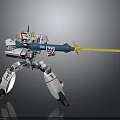Futuristic White Mecha Robot Character Holding Long Blue Weapon With Yellow Tip
