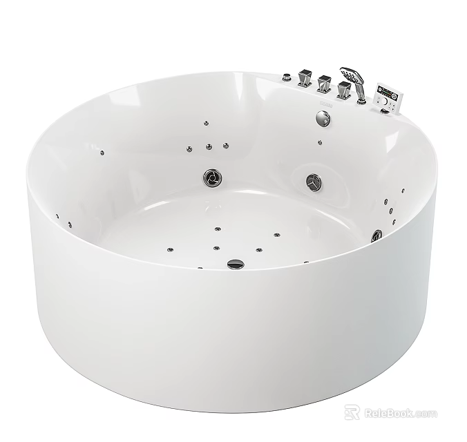 Round White Whirlpool Bathtub With Massage Jets Faucet And Control Knobs 3d model
