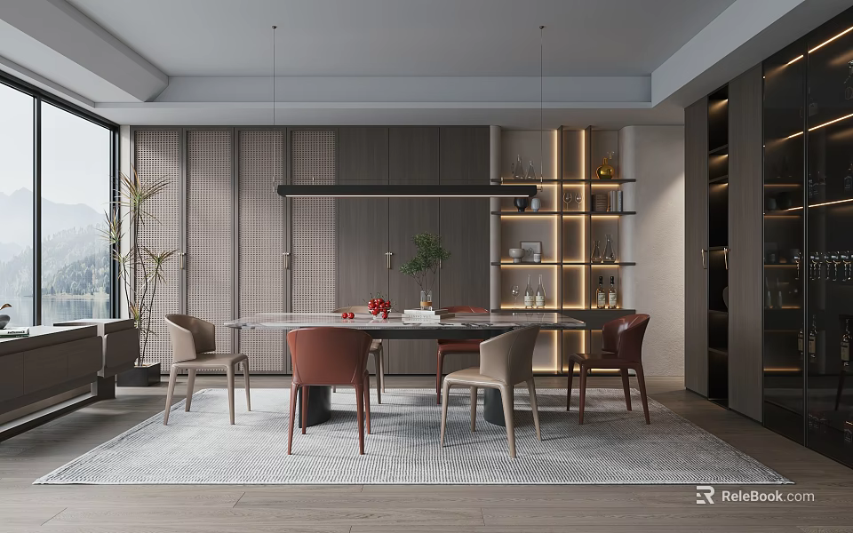 Modern Restaurant Interior Design With Open Layout Dining Table Pendant Lights And Wine Cabinet 3d model 