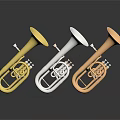 Three Decorative Shiny Trumpets In Gold Silver Copper As Living Supplies