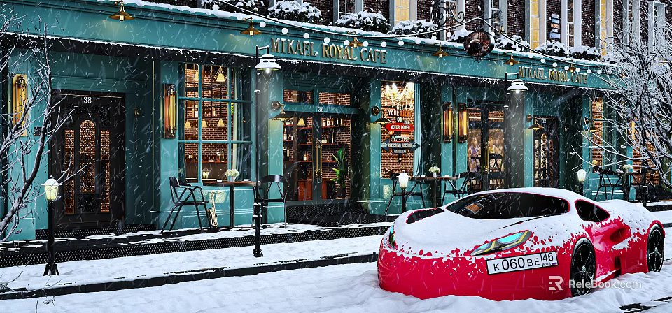 Teal Viking Horse Café Facade in Snowy Scene with Outdoor Tables Chairs and Red Car 3d model 