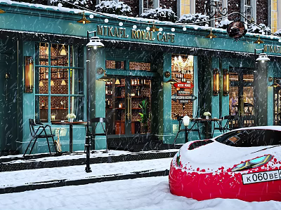 Teal Viking Horse Café Facade in Snowy Scene with Outdoor Tables Chairs and Red Car 3d model