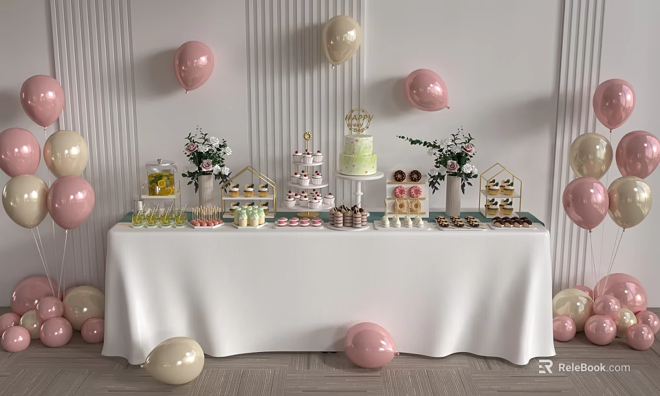 Colorful Dessert Table With Pink And Gold Balloons Cake Cupcakes Cookies And Flower Vases 3d model 
