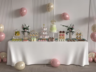 Colorful Dessert Table With Pink And Gold Balloons Cake Cupcakes Cookies And Flower Vases 3d model