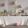 Colorful Dessert Table With Pink And Gold Balloons Cake Cupcakes Cookies And Flower Vases