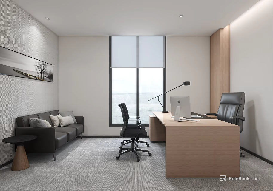 Modern Office Interior With Sofa Wooden Desk Computer Chair Large Window Carpet And Painting 3d model 