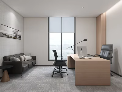 Modern Office Interior With Sofa Wooden Desk Computer Chair Large Window Carpet And Painting 3d model