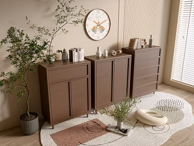 Brown Entrance Cabinet And Sideboard With Decorative Items Wall Clock Plant And Rug 3d model