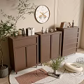 Brown Entrance Cabinet And Sideboard With Decorative Items Wall Clock Plant And Rug