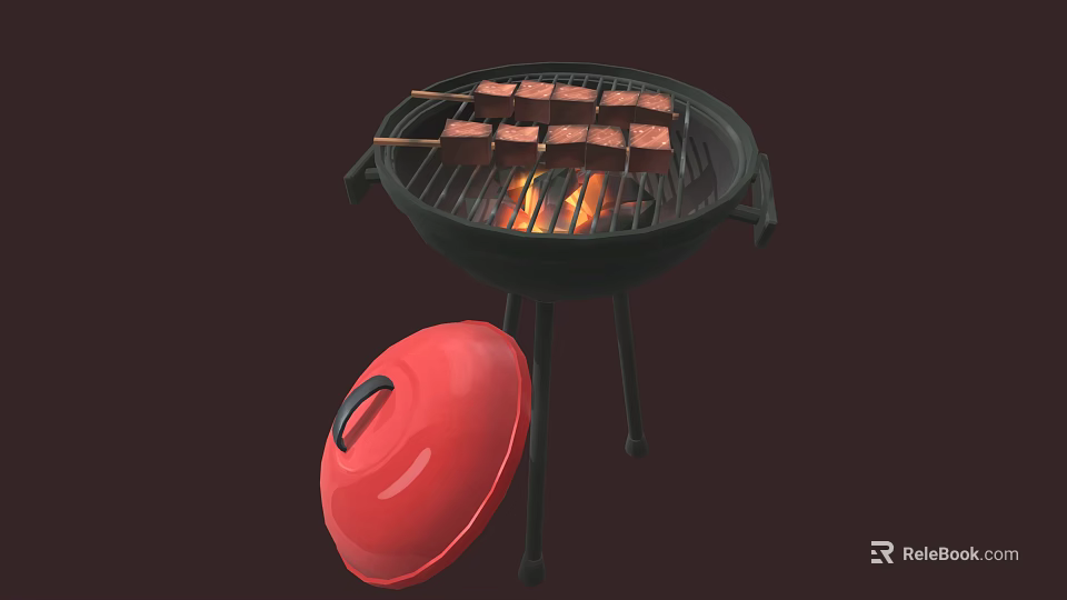 Portable Outdoor Grill Kitchenware With Red Lid And Barbecue Skewers Cooking Meat 3d model 