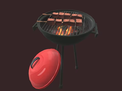 Portable Outdoor Grill Kitchenware With Red Lid And Barbecue Skewers Cooking Meat 3d model