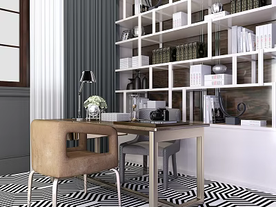 Modern Home Office Desk With White Bookshelf Brown Chair And Table Lamp 3d model
