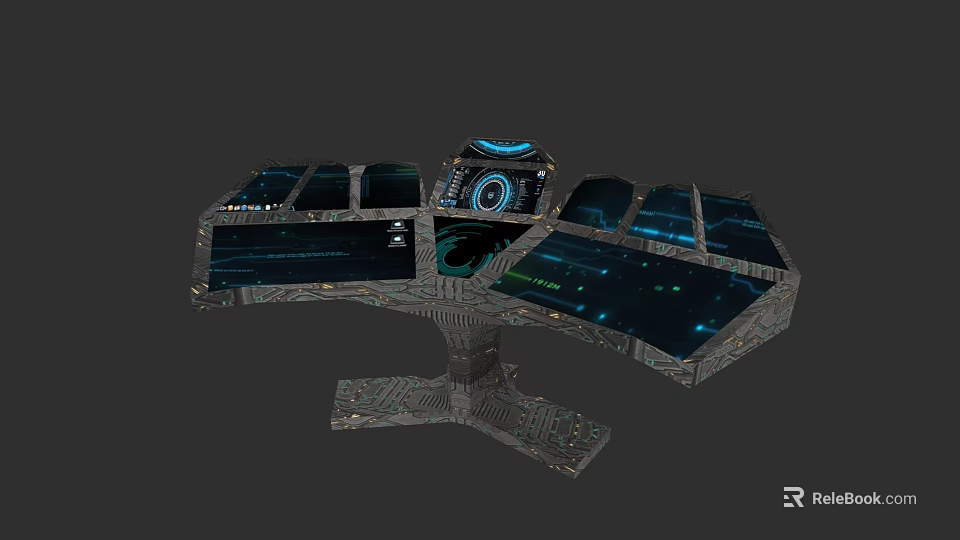 Futuristic Computer Workstation With Multiple Display Screens And Central Control Panel 3d model 