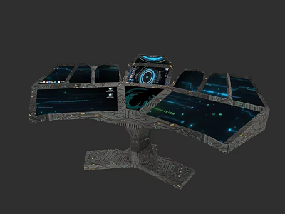 Futuristic Computer Workstation With Multiple Display Screens And Central Control Panel 3d model