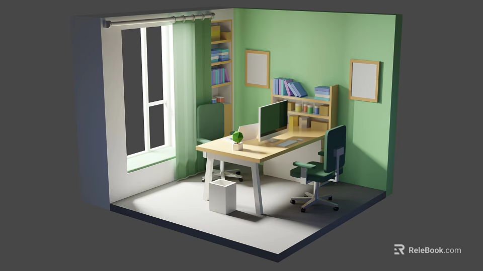 Green Wall Office Interior With Window Curtains Bookshelf Computer Monitor And Wooden Desk 3d model 