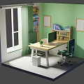 Green Wall Office Interior With Window Curtains Bookshelf Computer Monitor And Wooden Desk