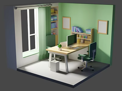 Green Wall Office Interior With Window Curtains Bookshelf Computer Monitor And Wooden Desk 3d model
