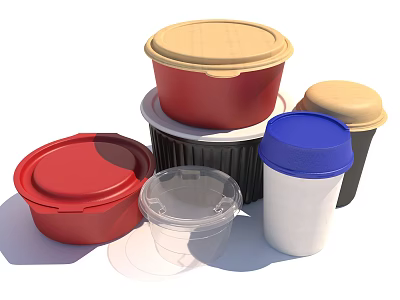 Colorful Tableware Set With Red Blue Wooden Lids Transparent And Black Containers 3d model
