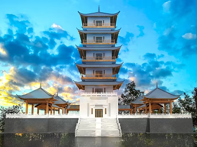 Ancient Chinese Pagoda Featuring Multi story Structure and Surrounding Pavilions Under Blue Sky and Sunset 3d model