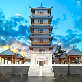 Ancient Chinese Pagoda Featuring Multi story Structure and Surrounding Pavilions Under Blue Sky and Sunset