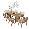 Wooden Dining Table Set With Six Rattan Back Chairs And Tabletop Decor