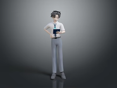 3D Character Wearing White Shirt Tie And Gray Pants Holding Blue Book Standing 3d model