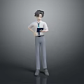 3D Character Wearing White Shirt Tie And Gray Pants Holding Blue Book Standing