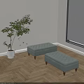 Light Green Tufted Ottoman with Wooden Legs near Window on Wooden Floor with Green Plant