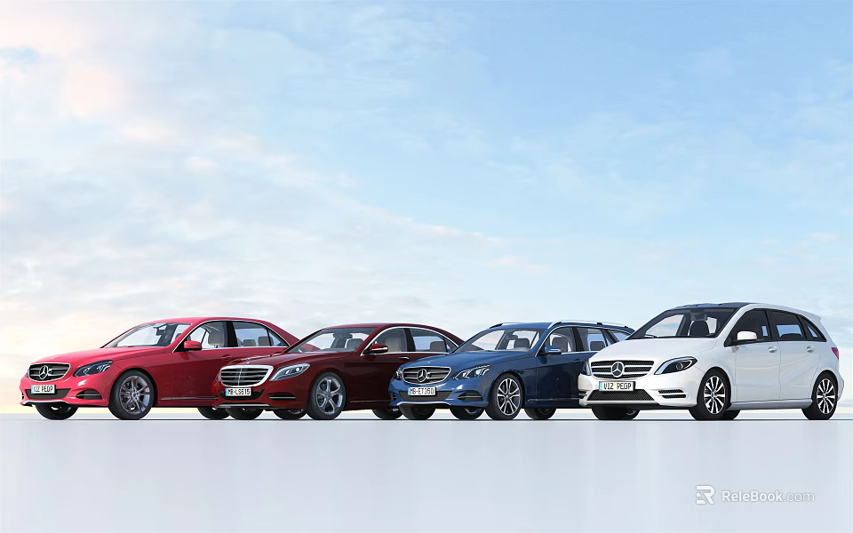 Four Different Colored Cars Parked In A Row Under Blue Sky 3d model 
