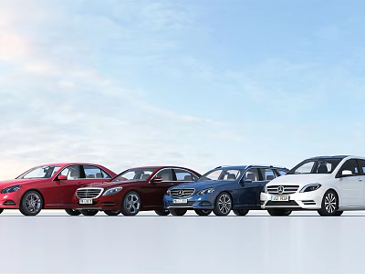 Four Different Colored Cars Parked In A Row Under Blue Sky 3d model
