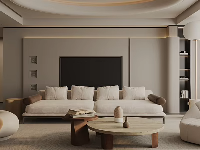 Modern Living Room Interior With Light Sofa Round Coffee Table TV Wall And Accent Chair 3d model