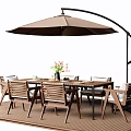 Outdoor Wooden Dining Table And Chairs Set With Cantilever Umbrella Flowers And Lantern On Patio